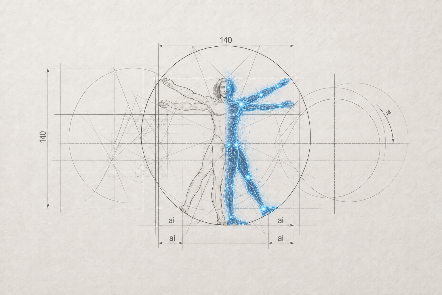 A paper study of the Vitruvian human form transforming into a blue digital figure