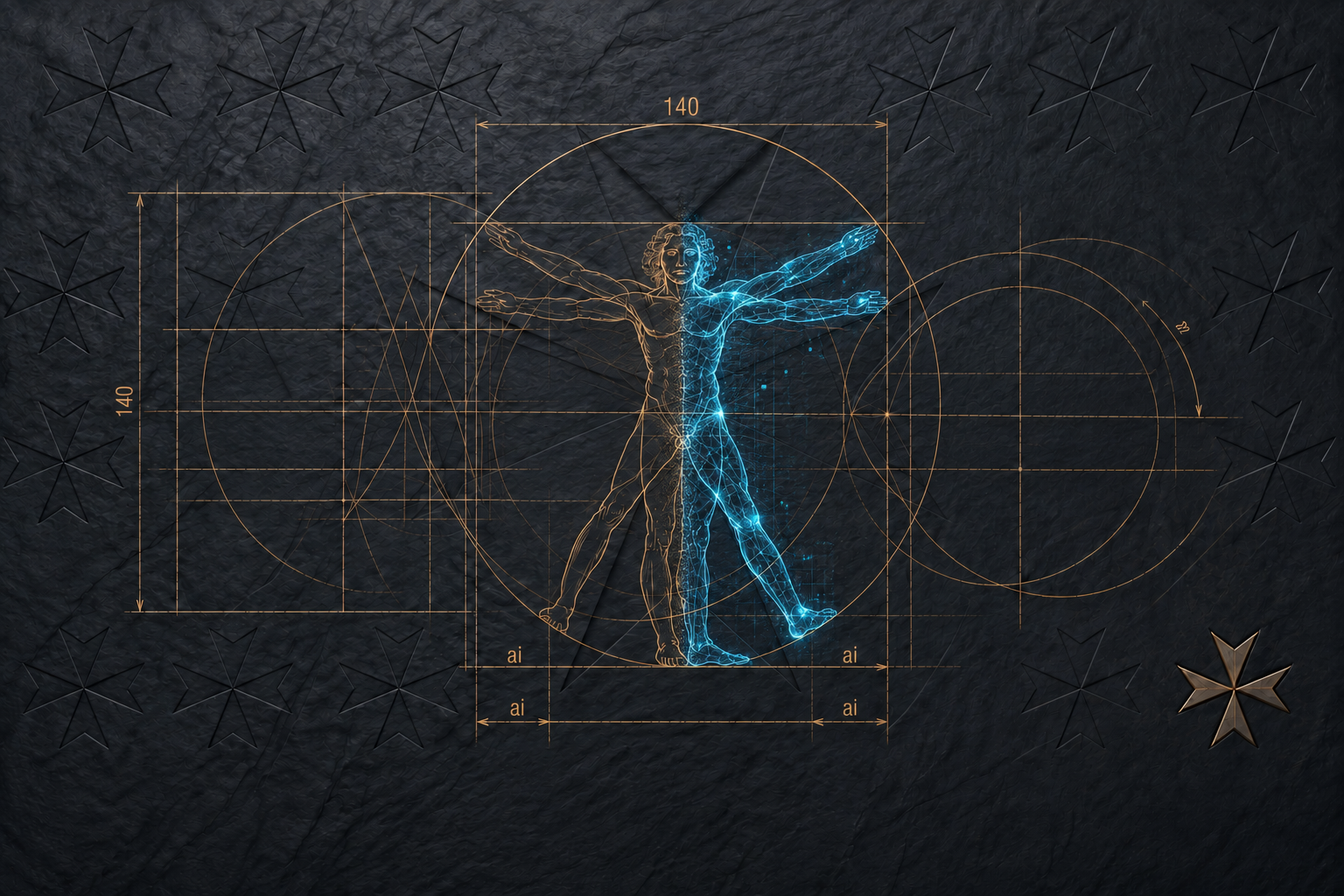 A dark architectural study of the Vitruvian human form transforming into a luminous digital figure